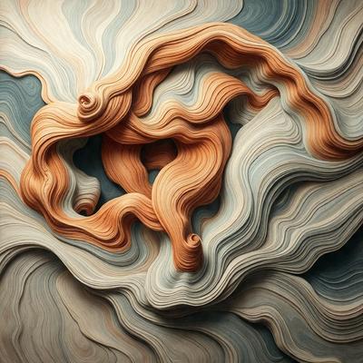 The primary subject of the image is a sculpture of a curly, wavy, and swirling piece of art. The setting is a blue and white background, which adds to the visual style. The sculpture is made of wood and features a combination of orange and blue colors, creating a unique and eye-catching piece of art. The overall atmosphere of the image is one of creativity and artistic expression.